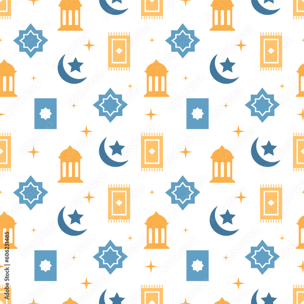 Fototapeta premium Happy Islamic New Year Seamless Pattern Design Flat Illustration with Muslims Elements in Template Hand Drawn