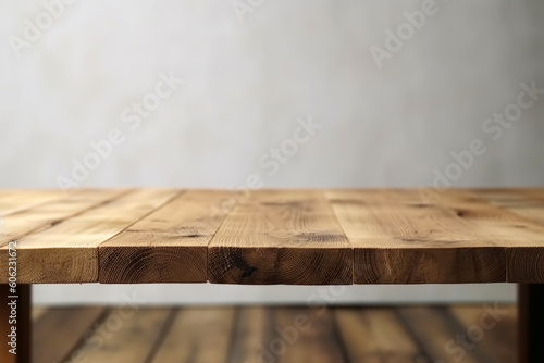 Empty wooden table for product placement or montage with copy space with blurred on white wall and flooer wooden. photo