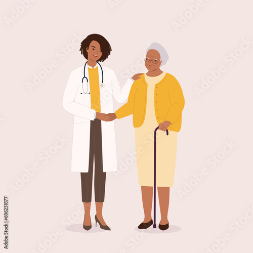 Smiling Black Female Doctor Shaking Hands With A Grateful Senior Woman Patient. Full Length. Flat Design Style, Character, Cartoon.