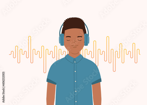 One Smiling Black Little Boy With Eyes Closed Enjoy Listening To Music Using Wireless Headphones. Half Length. Flat Design Style, Character, Cartoon.