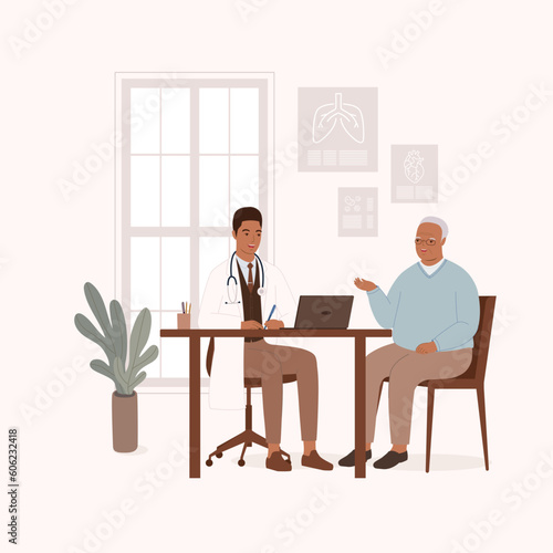 Smiling Black Male Doctor Or General Practitioner Having A Clinical Consultation While Writing Notes For A Senior Man Patient At His Office. Full Length. Flat Design Style, Character, Cartoon.