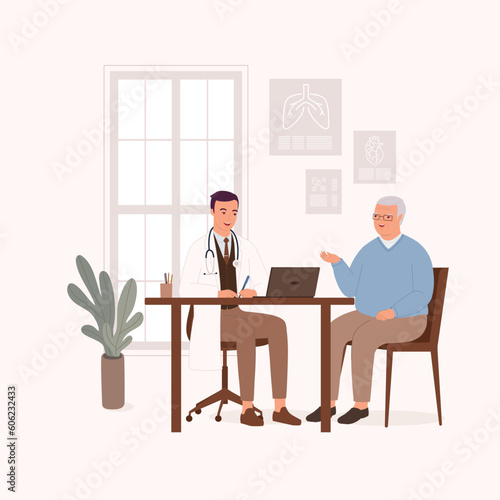 Smiling Male Doctor Or General Practitioner Having A Clinical Consultation While Writing Notes For A Senior Man Patient At His Office. Full Length. Flat Design Style, Character, Cartoon.