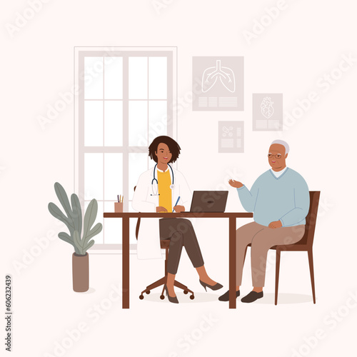 Smiling Black Female Doctor Or General Practitioner Having A Clinical Consultation While Writing Notes For A Senior Man Patient At Her Office. Full Length. Flat Design Style, Character, Cartoon.