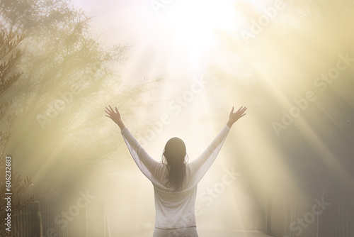 a woman standing in the middle of the forest with arms outstretched in the bright morning sunray
