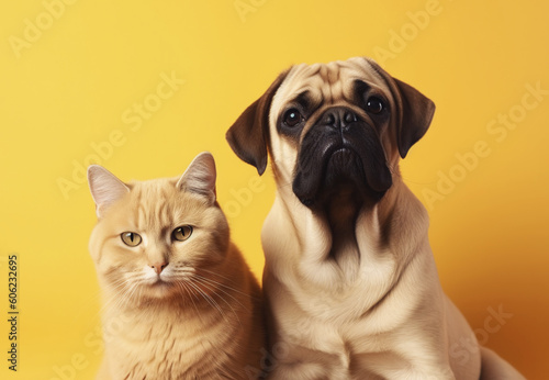 Cat and dog on yellow background. Generative AI.