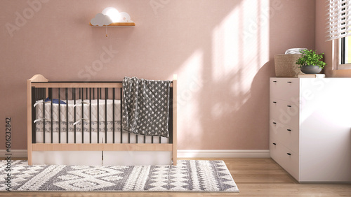 Luxury, cozy toddler bedroom, wooden baby cot bed on shag rug, white chest of drawer in sunlight from window blinds on pink wall, parquet floor for children interior design background 3D