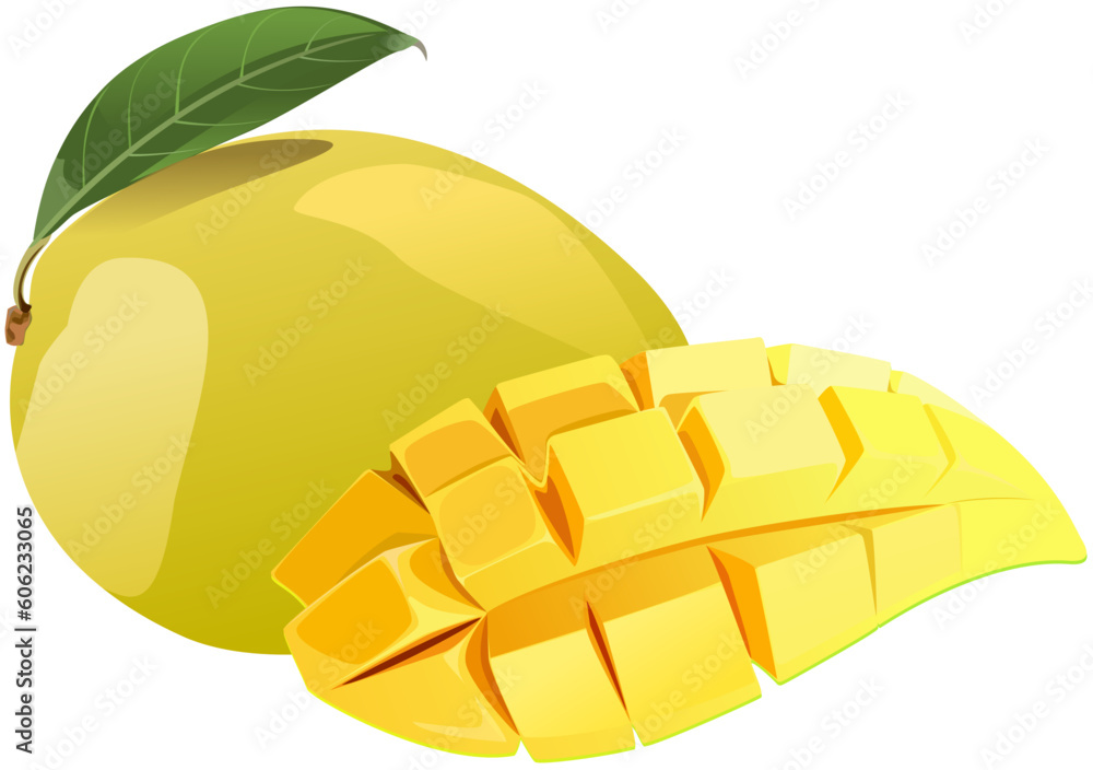 One ripe mango and a beautiful sliced mango.