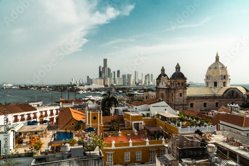 Cartagena, Bolivar, Colombia. March 14, 2023: Panoramic landscape in the walled city with a view of the San Pedro Claver church.