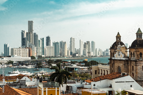 Cartagena, Bolivar, Colombia. March 14, 2023: Panoramic landscape in the walled city with a view of the San Pedro Claver church.