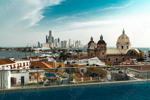 Cartagena, Bolivar, Colombia. March 14, 2023: Panoramic landscape in the walled city with a view of the San Pedro Claver church. © camaralucida1