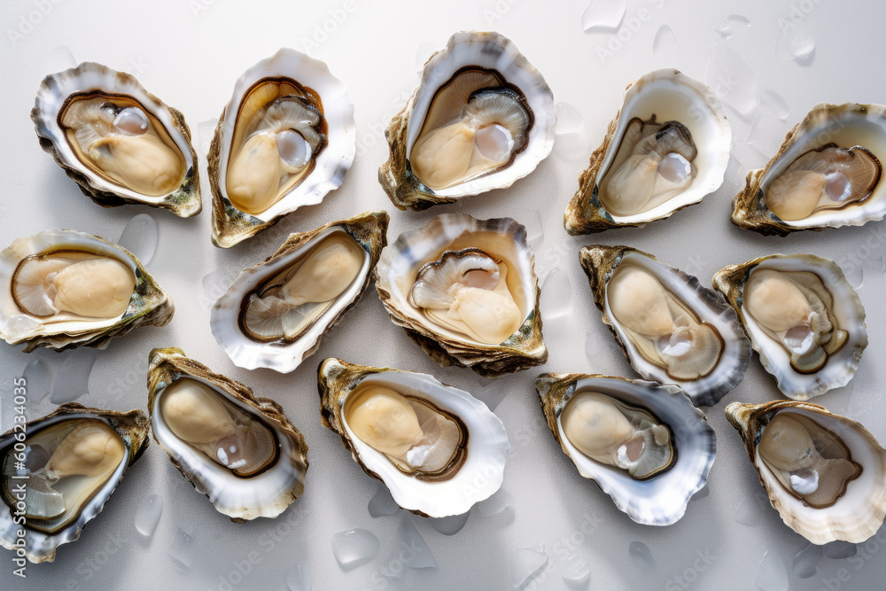 Opened fresh oysters on white table, created with Generative AI Technology Opened fresh oysters on white table, created with Generative AI Technology
