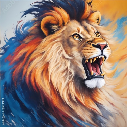 Unleash the untamed power and intensity of a rowdy lion in this captivating, stylized artwork. With vibrant colors and dynamic brushstrokes, experience the raw energy of the savannah. A close-up view 