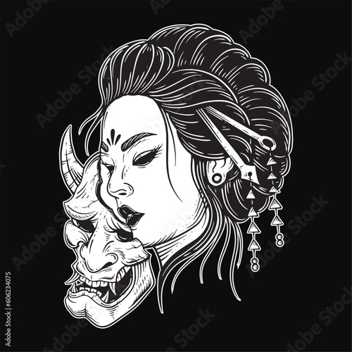 Dark Art Japanese girl rose geisha woman Skull Mask Tattoo traditional illustration