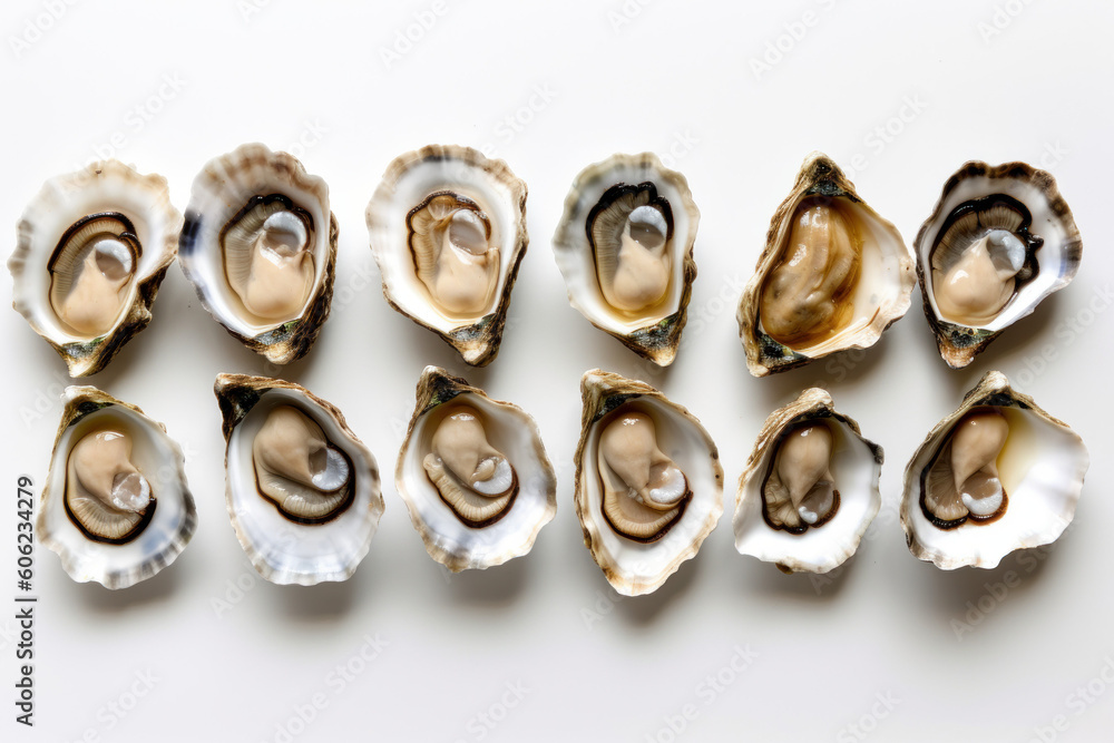 Opened fresh oysters on white table by rows, created with Generative AI Technology Opened fresh oysters on white table by rows, created with Generative AI Technology