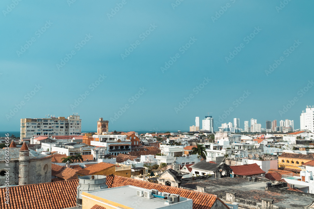 Cartagena, Bolivar, Colombia. March 14, 2023: Panoramic landscape of the walled city and its buildings.