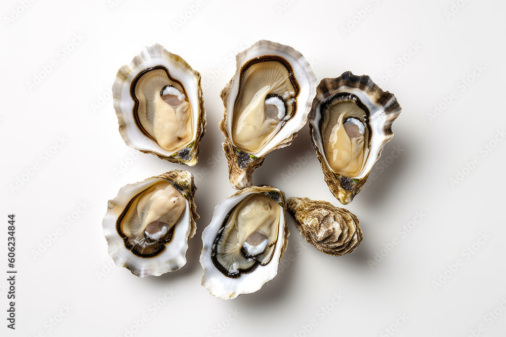 Opened fresh oysters on white table, created with Generative AI Technology Opened fresh oysters on white table, created with Generative AI Technology