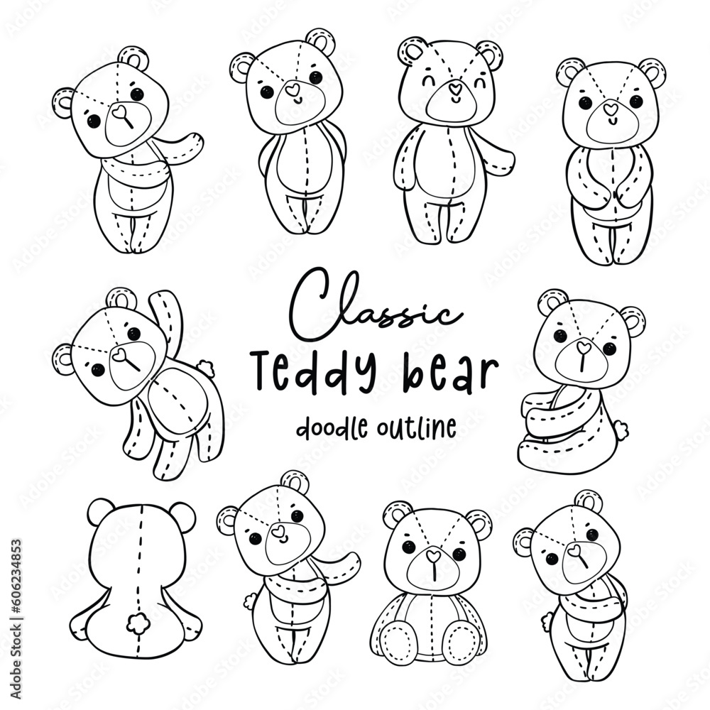 Cute romantic Valentine Teddy Bear doodle hand drawing cartoon character outline for coloring page