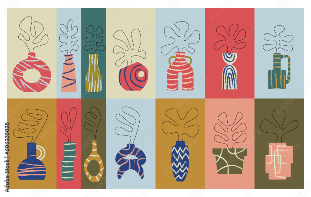 Decorative pots houseplants illustration - Abstract plants with textures and diferents shapes Decorative pots houseplants illustration - Abstract plants with textures and diferents shapes