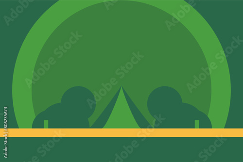 Simple camping landscape. Green silhouette background . Flat style vector illustration. Simple cartoon