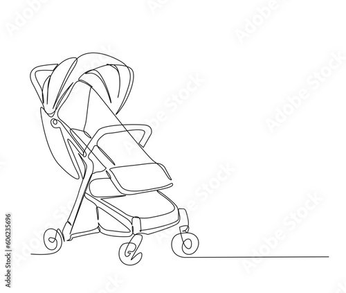 Continuous one line drawing of baby carriage. Baby stroller outline vector illustration. Editable stroke.