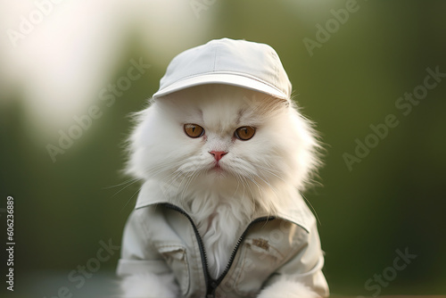 Portrait of Furry white cat wearing jacket and hat in outdoor Looks Stylish and Fashionable © heartiny