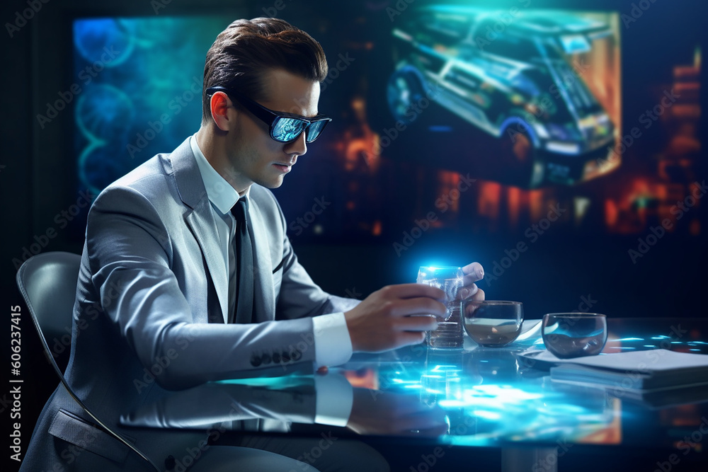 Man using Augmented Reality AR glasses at a desk. Generative AI Stock ...