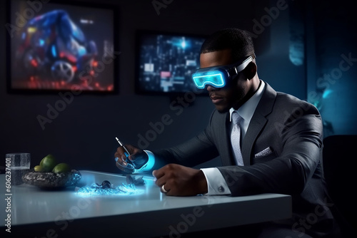 Man using Augmented Reality AR glasses at a desk. Generative AI