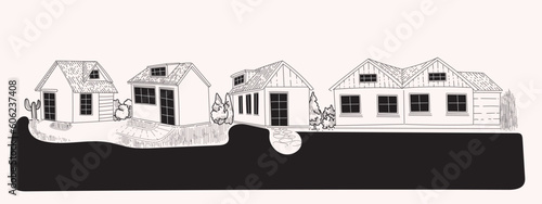 Group of village houses hand drawing black and white vector illustration.