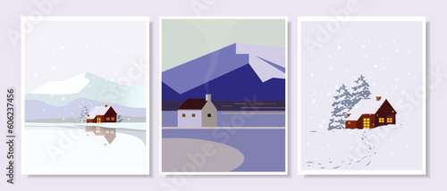 House on winter landscape vector illustration set.