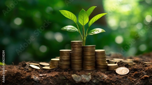 The coins are stacked on the ground and the seedlings are growing on top, green background