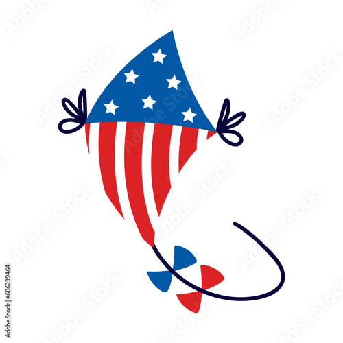 A kite for the Independence Day of America. Bright paper toy on a rope with stars, stripes, bows. Festive art for July 4th, patriotic holiday USA. Vector icon isolated on white. Flat cartoon clipart 