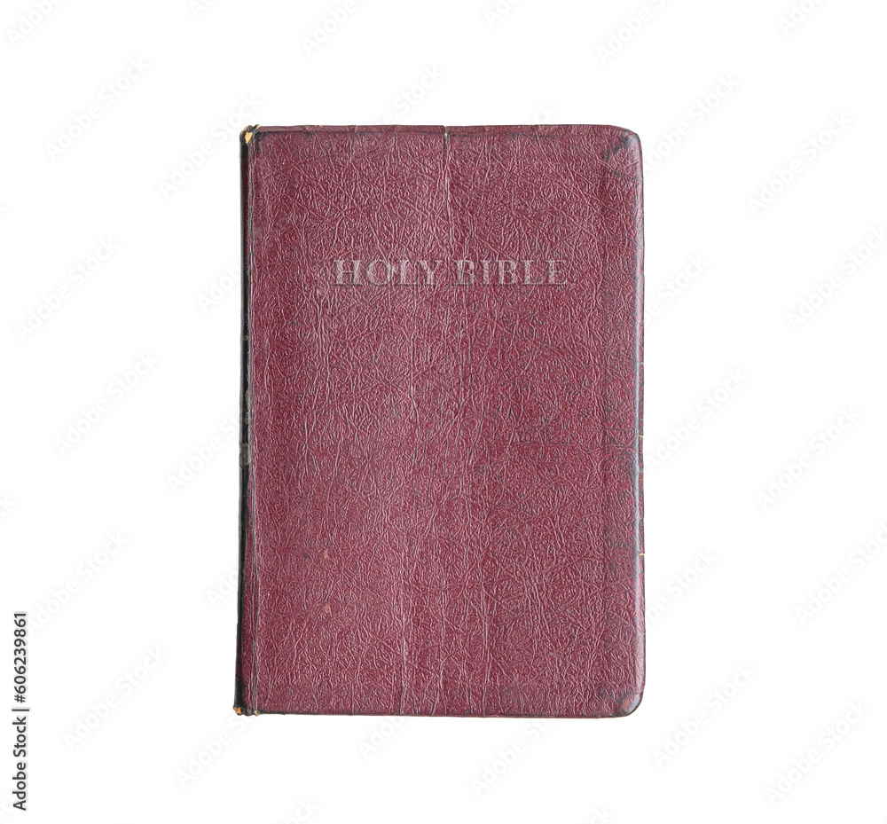 Old leather cover Holy Bible. Top view, transparent background.