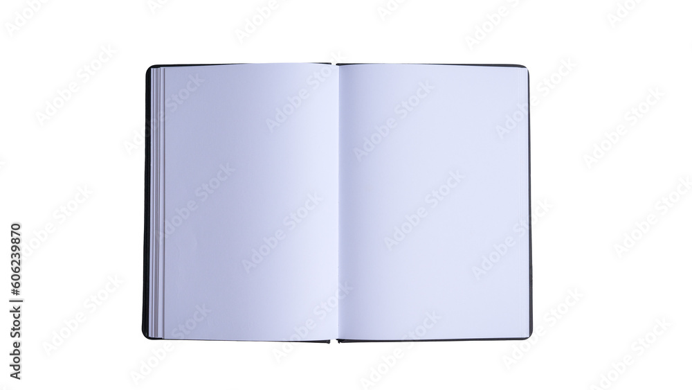 Open notebook with blank white pages. Top view, transparent background. Open notebook with blank white pages. Top view, transparent background.