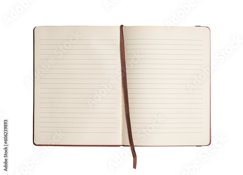 Open notebook with bookmark, top view. Transparent background.