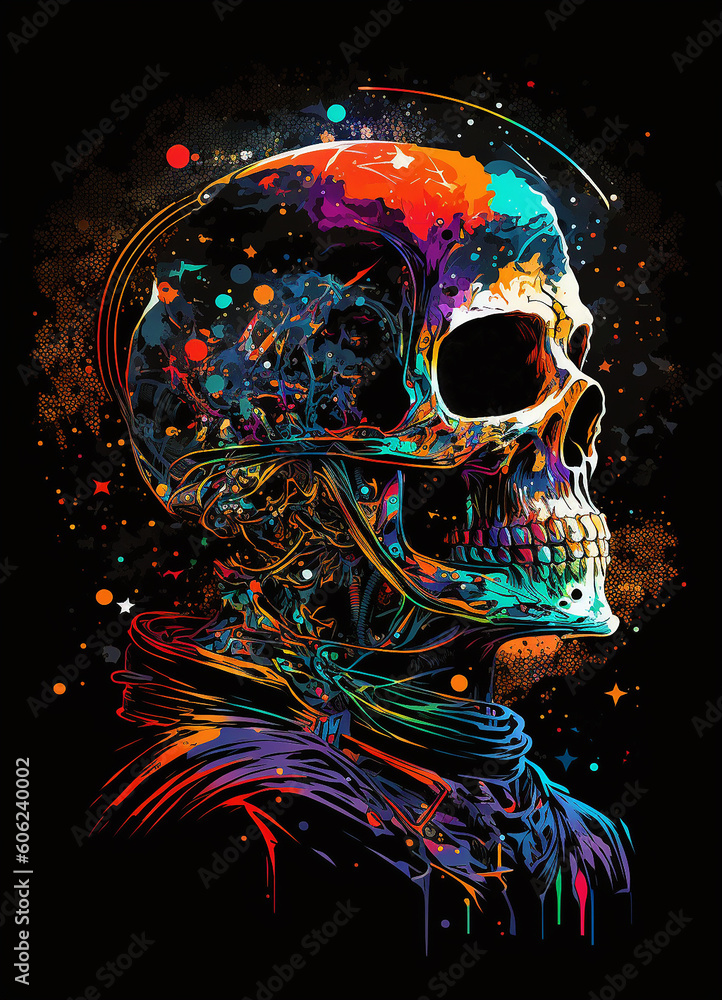 Paint-splatter skeleton portrait