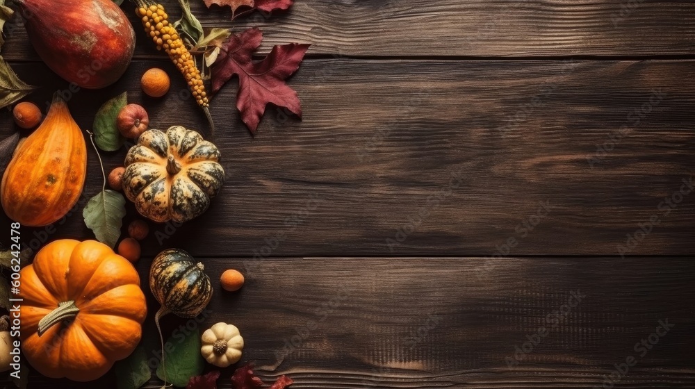Thanksgiving Day Banner Background with pumpkin and leaf ornaments