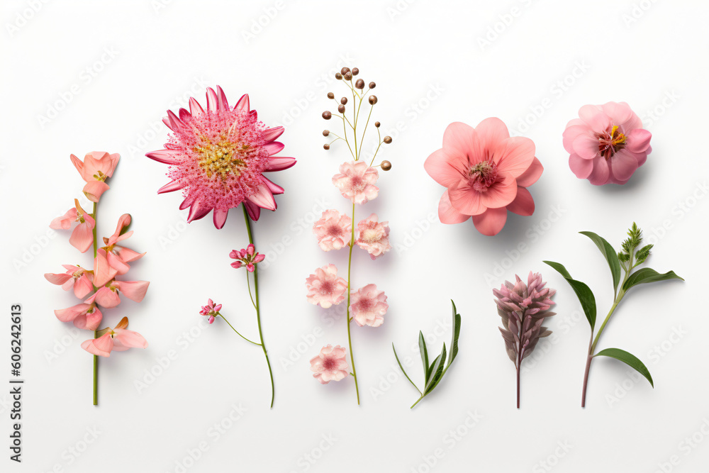 collection of pink flowers arranged in a circle on a white background, Generative Ai collection of pink flowers arranged in a circle on a white background, Generative Ai