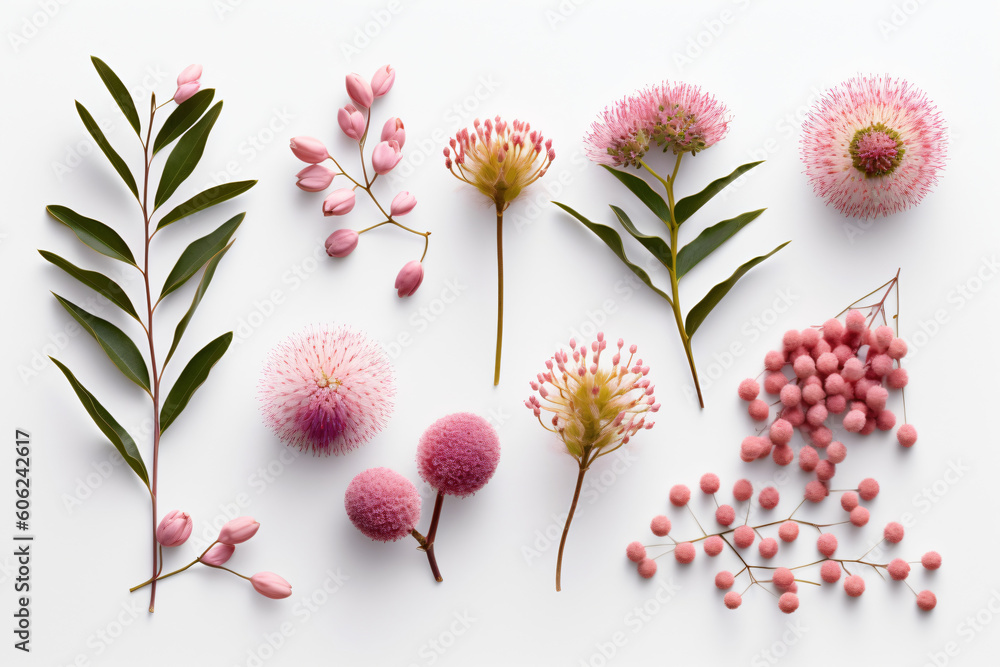 collection of pink flowers, including buds and leaves, arranged on a white background, Generative Ai collection of pink flowers, including buds and leaves, arranged on a white background, Generative Ai