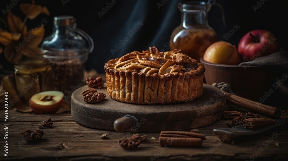 sweet apple pie with complete composition on blur background