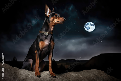 A dog sitting under a full moon against a dark sky. Generative AI. © Сергей Косилко
