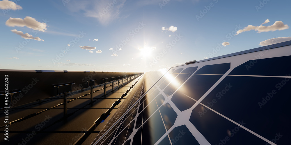 Fototapeta premium 3d rendering of floating solar, floatovoltaics or solar farm consist of photovoltaic cell on panel, pontoon, water. System technology for electric, electricity generation. Clean and green power energy