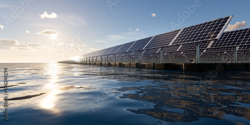 3d rendering of floating solar, floatovoltaics or solar farm consist of photovoltaic cell on panel, pontoon, water. System technology for electric, electricity generation. Clean and green power energy photo
