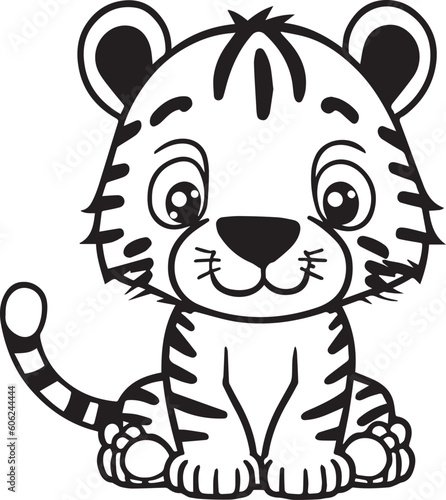 cute cartoon tiger. Coloring book page for children. Black and white outline illustration.