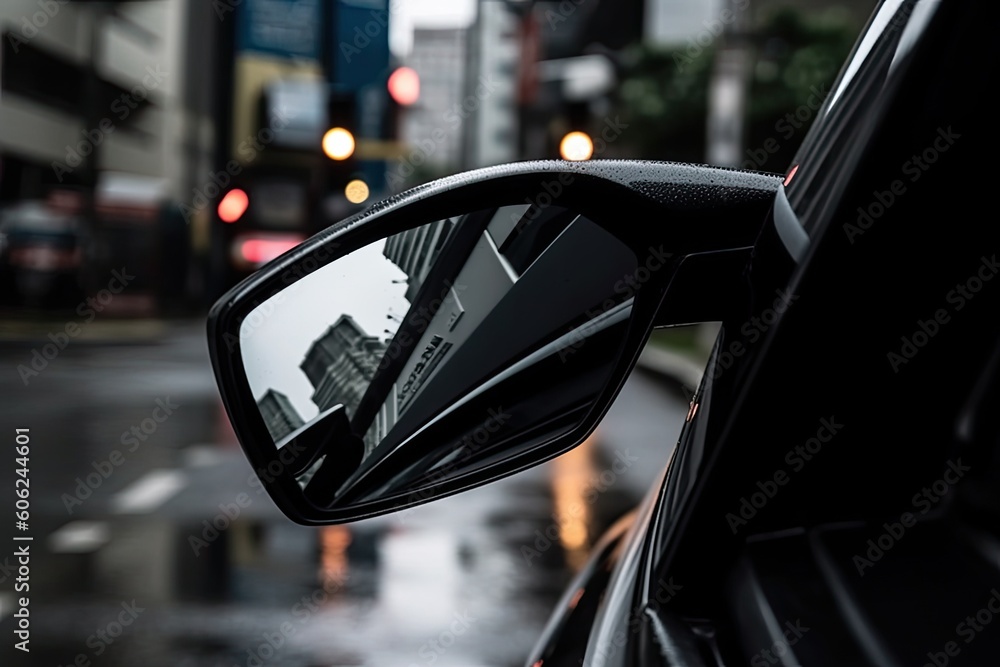 cars side mirror reflecting a busy city street Generative AI