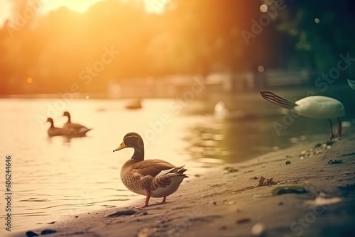 ducks standing on a calm lake surface Generative AI © AkuAku