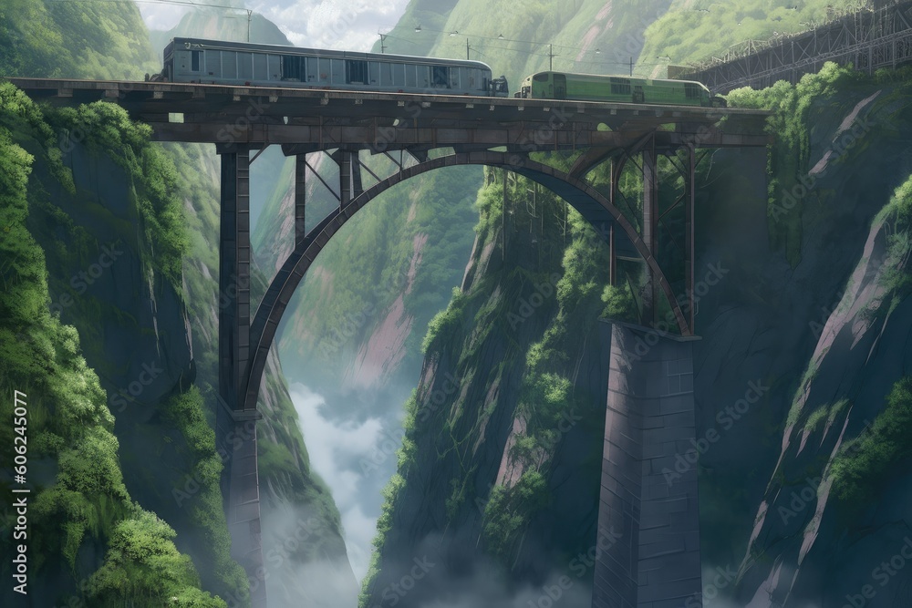 Fototapeta premium A train that is crossing a bridge over a mountain, in the style of anime aesthetic,