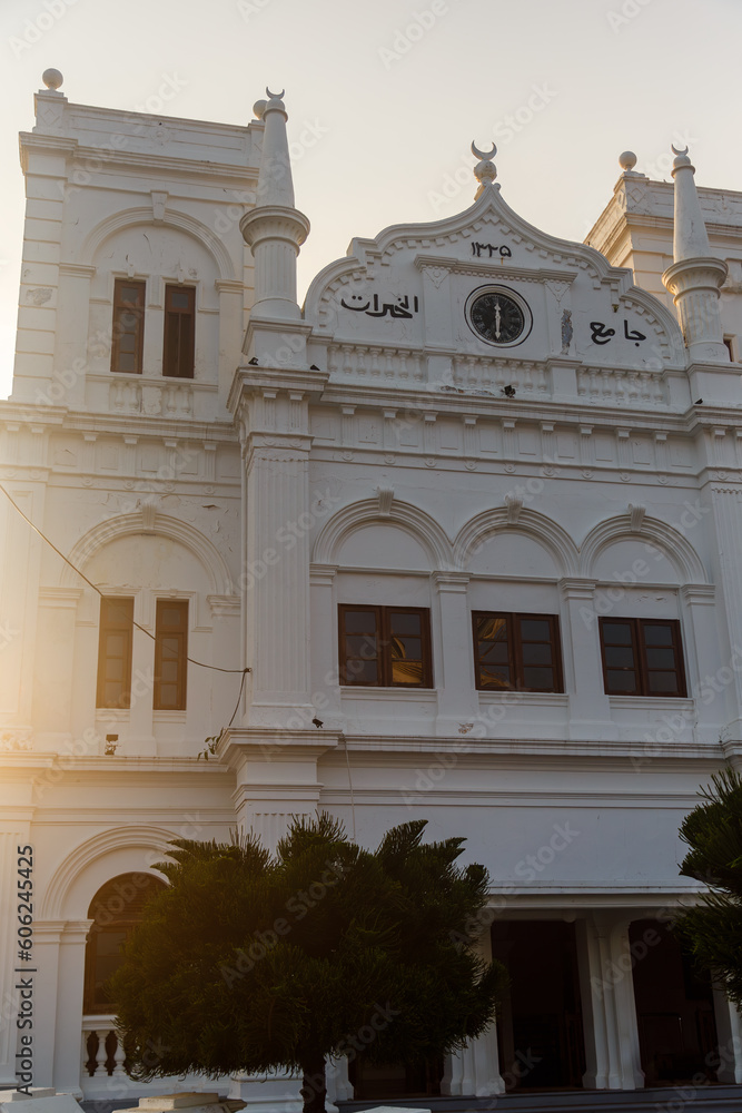 The facade of the mosque in Galle, Sri Lanka, at sunset
