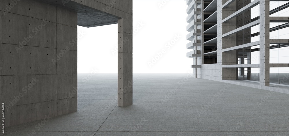 Abstract architectural minimalistic background. Contemporary showroom. Modern concrete exhibition tunnel. Empty gallery. Backlight. 3D illustration and rendering.