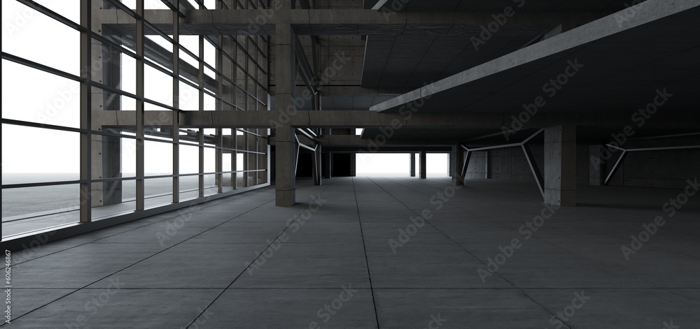Abstract architectural minimalistic background. Contemporary showroom. Modern concrete exhibition tunnel. Empty gallery. Backlight. 3D illustration and rendering.
