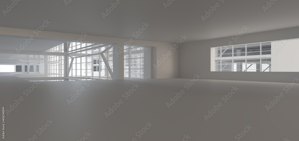 Luxury white abstract architectural minimalistic background. Contemporary showroom. Modern exhibition stand. Empty gallery. Backlight. Polygonal Graphic Design. 3D illustration and rendering.